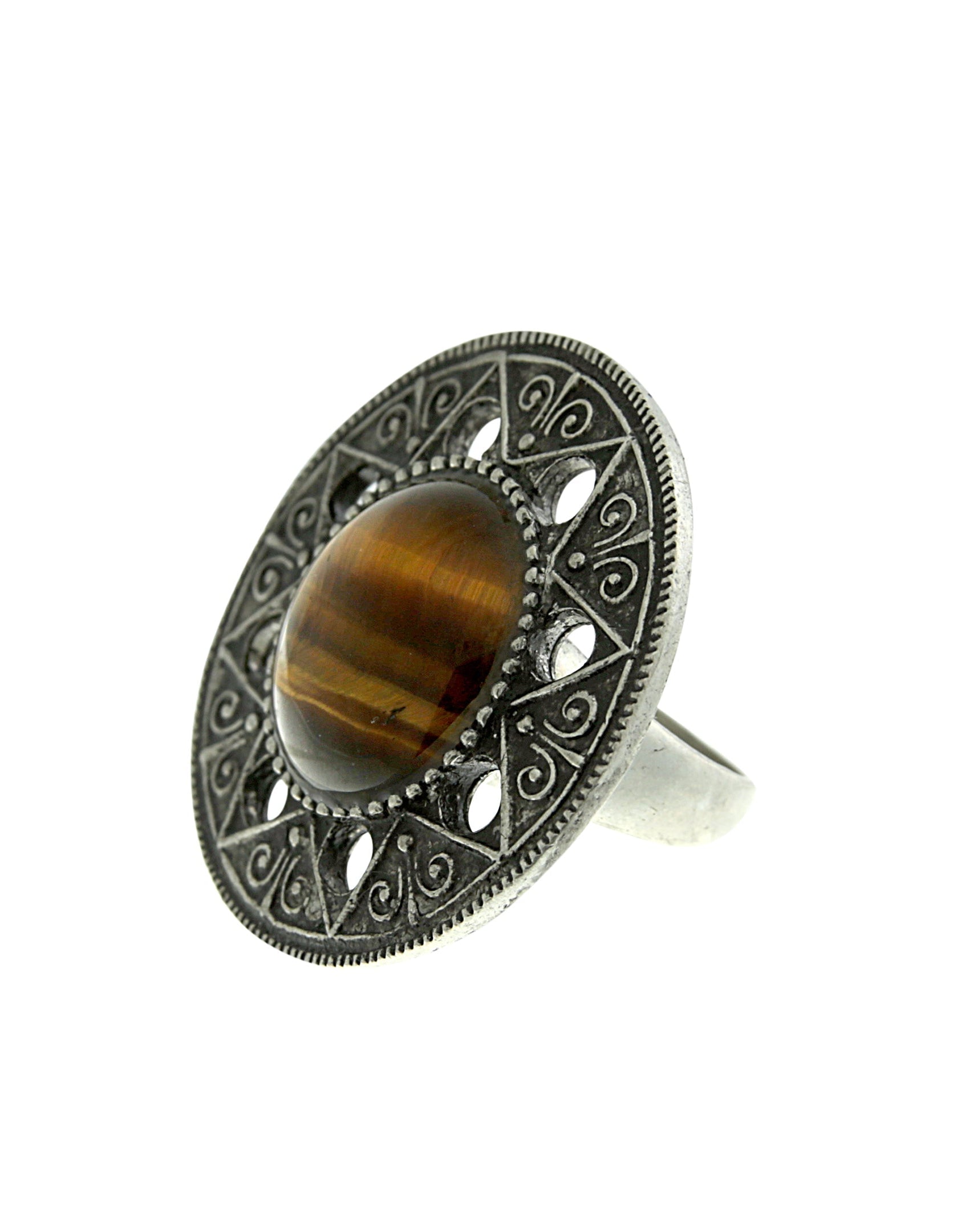 T.R.U. Aztec Mandala Gemstone Tigers Eye Ring