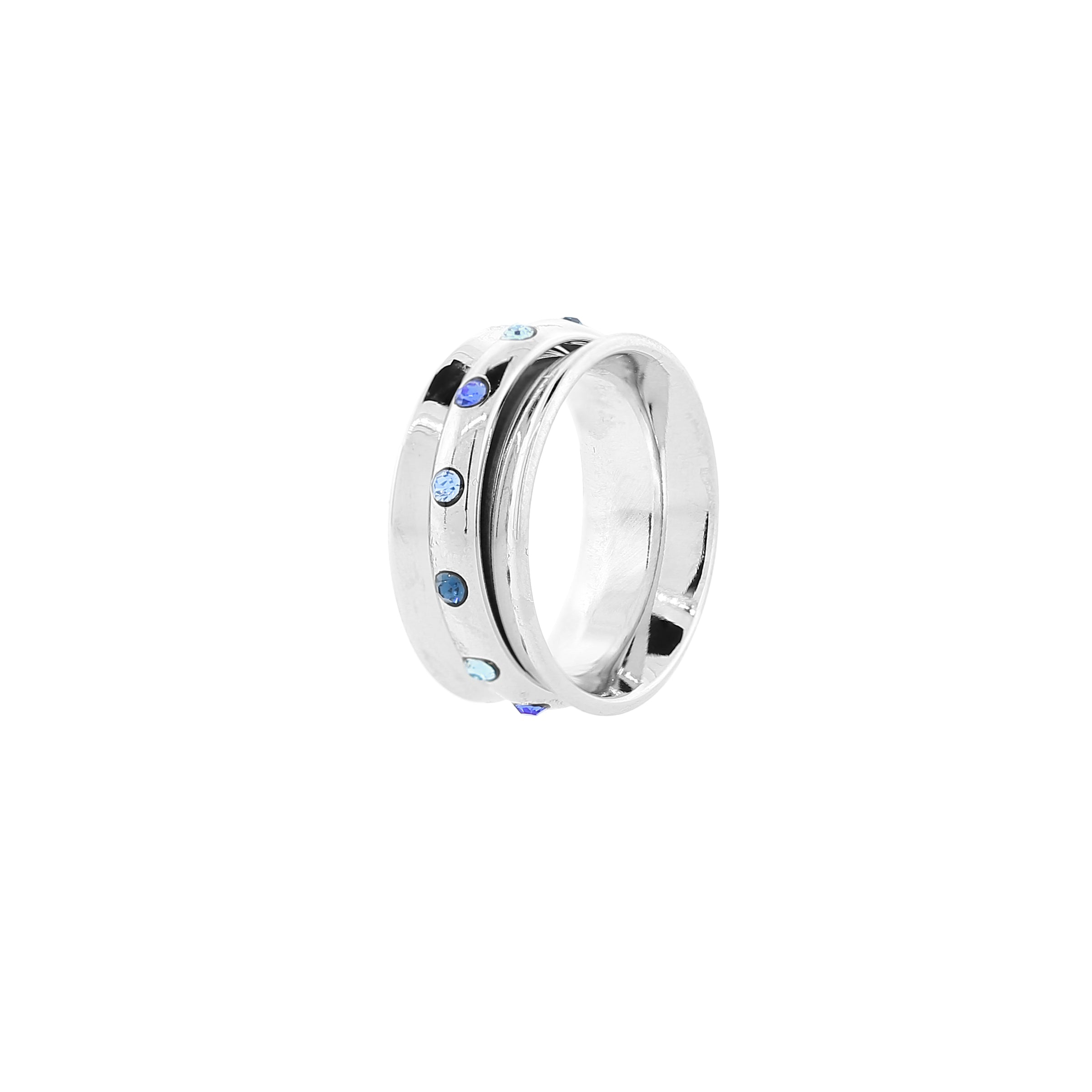 Blue Aqua Marine Crystal Anxiety Spinner Ring vertically shown