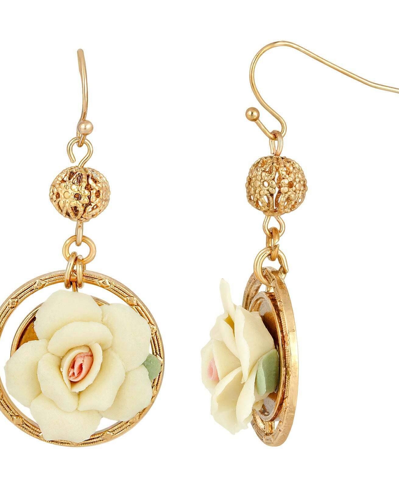 1928 Jewelry Porcelain Rose Filigree Bead Drop Earrings