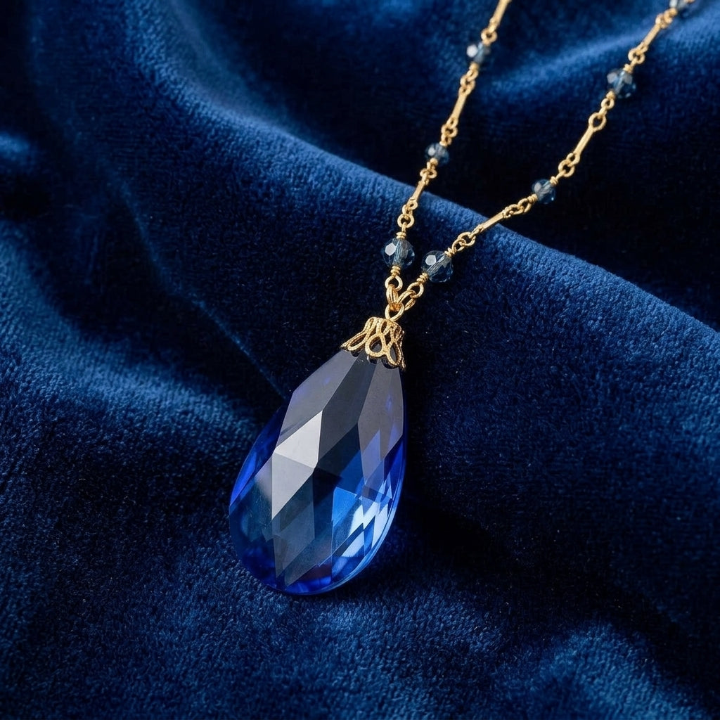 Faceted Sapphire Blue Glass Briolette Pendant & Beaded Necklace on a blue fabric background