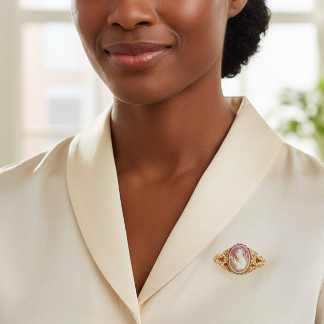 Woman wearing a white blazer with a brooch, blurred background