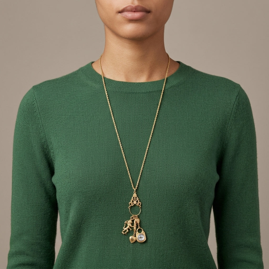 Person wearing a green sweater with a Charm Pendant Necklace Compass Heart Lion