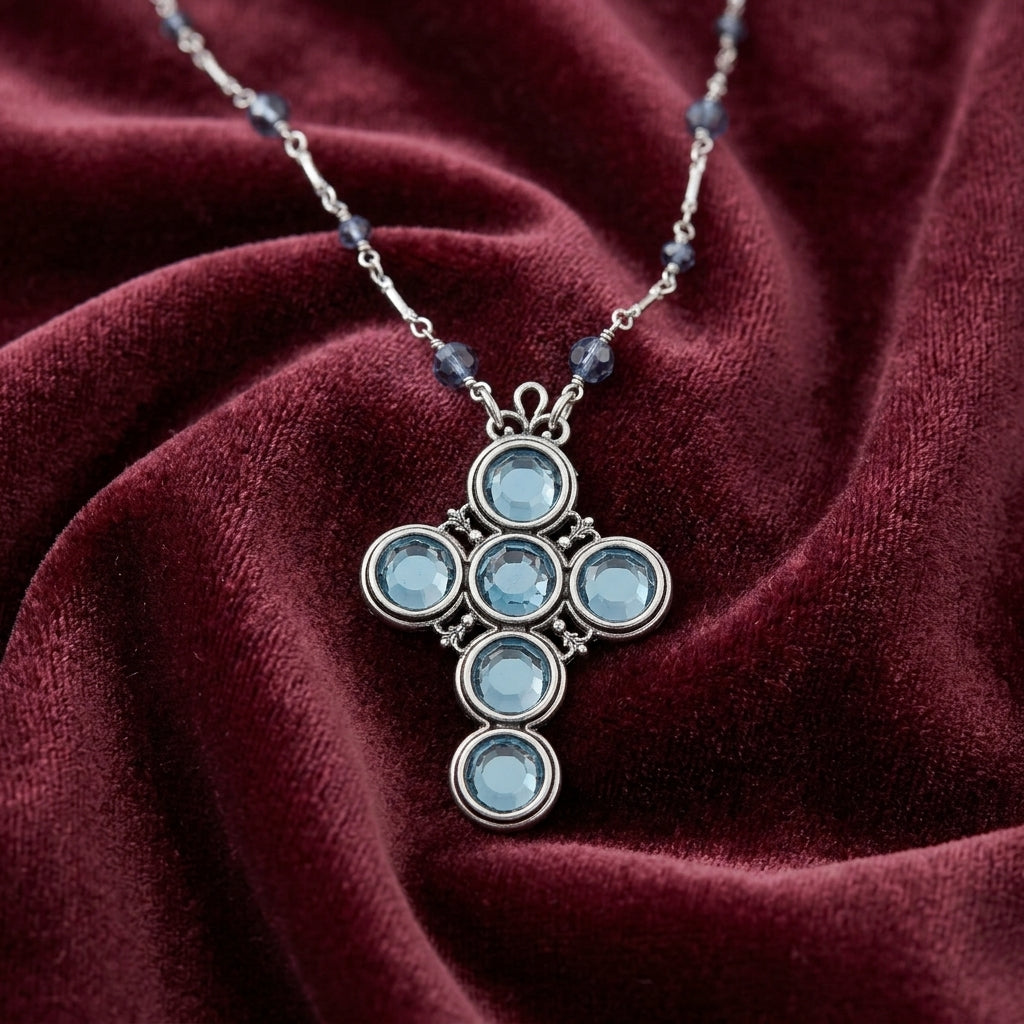 Montana Blue Crystal Channel Cross Pendant Necklace on a maroon fabric background