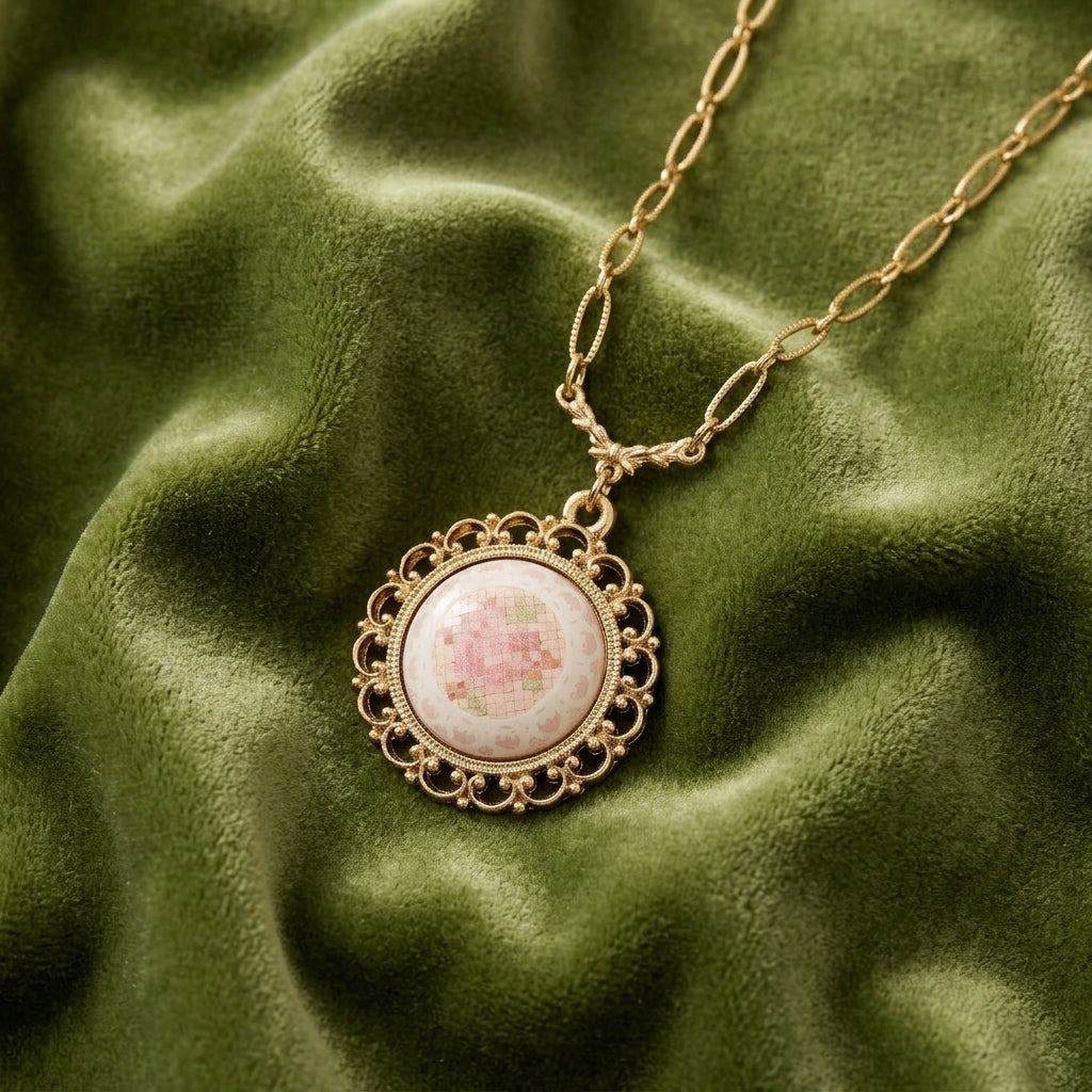 Gold Tone Stitch Pattern Pink Rose Pendant Necklace on a green fabric background