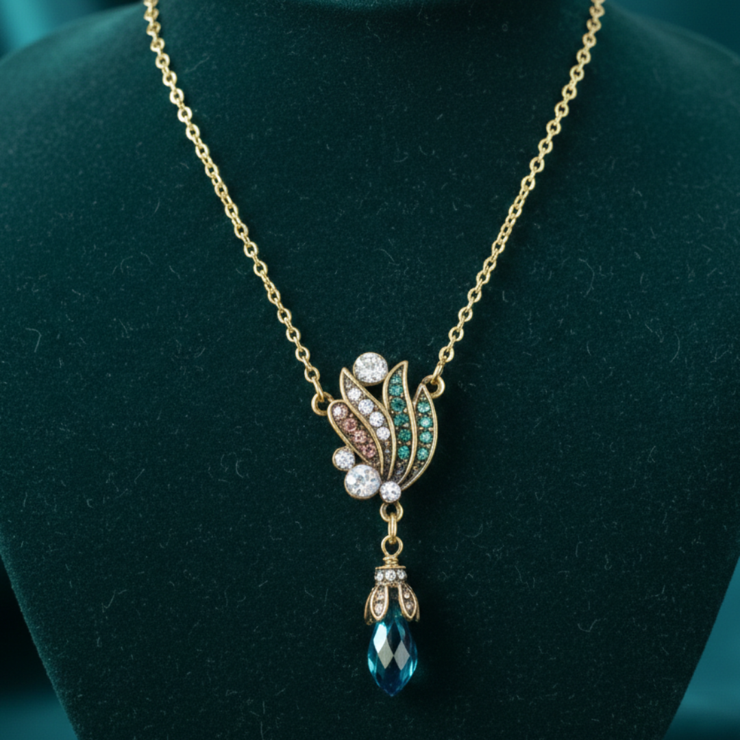 Gold necklace with a decorative Peacock feather pendant on a green mannequin.