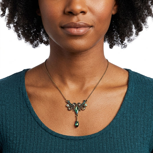 Peacock Plumage Blue Iridescent AB Pendant Necklace 16" + 3" Extender