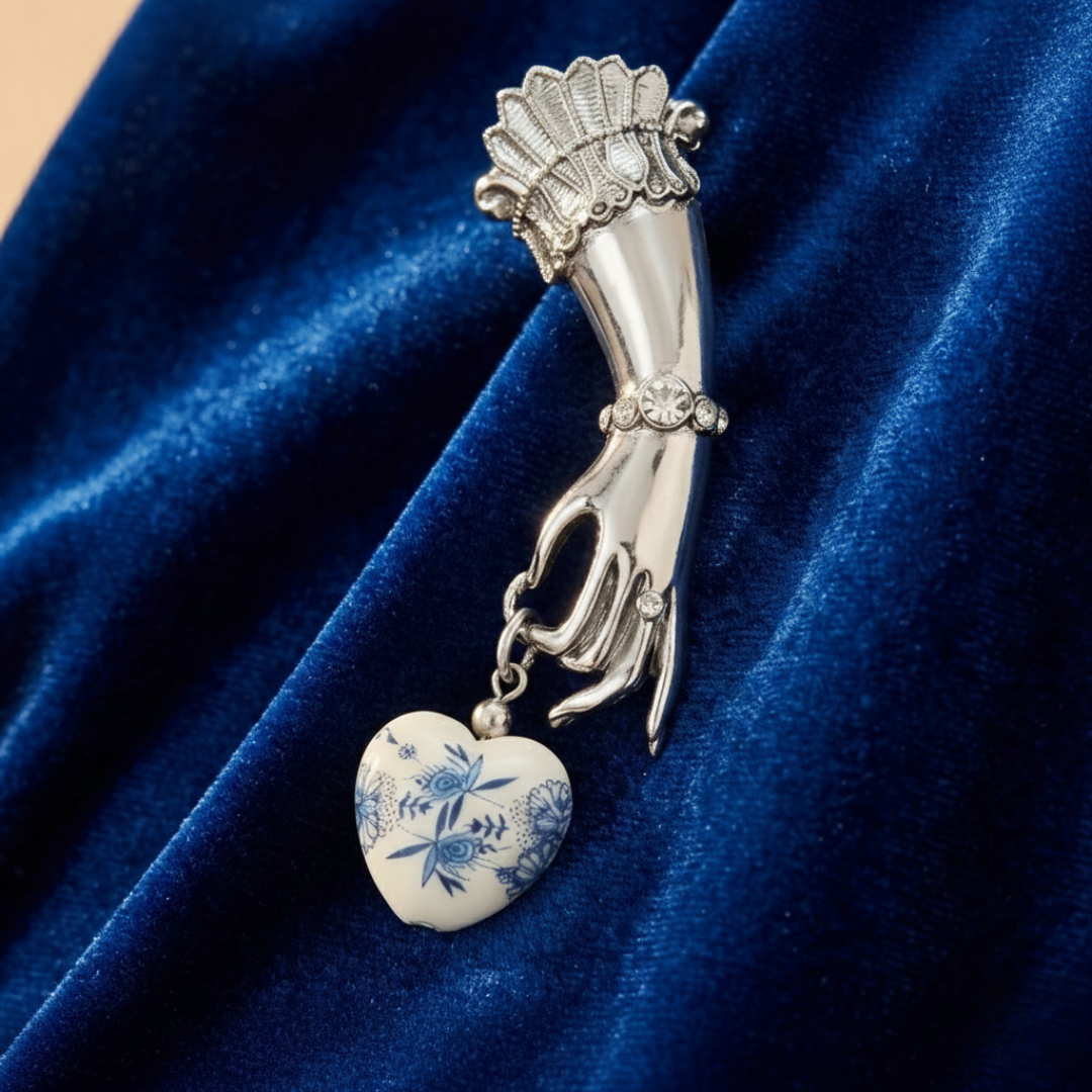 Silver hand holding a heart-shaped pendant on a blue velvet background