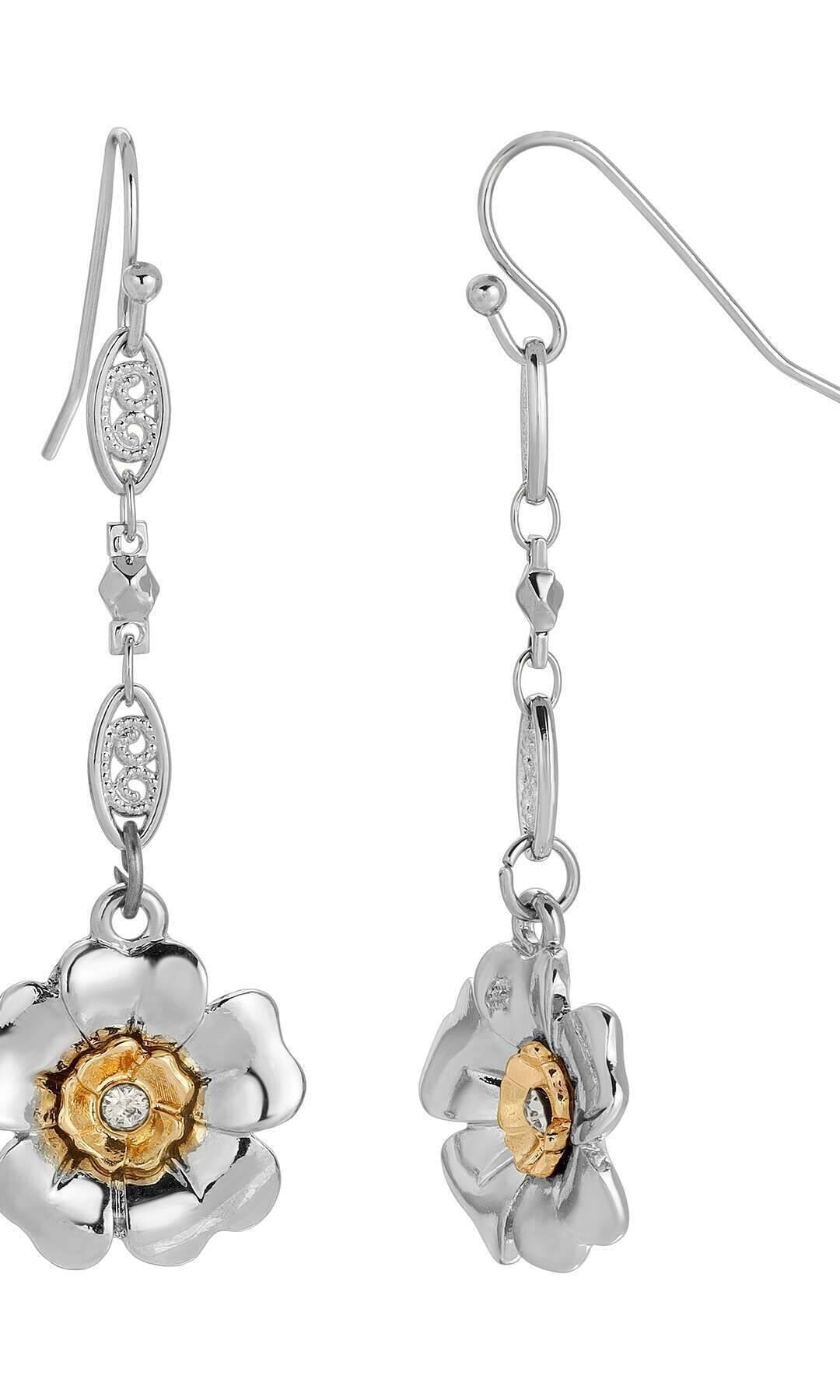 1928 Jewelry Two Tone Crystal Flower Filigree Link Dangling Earrings