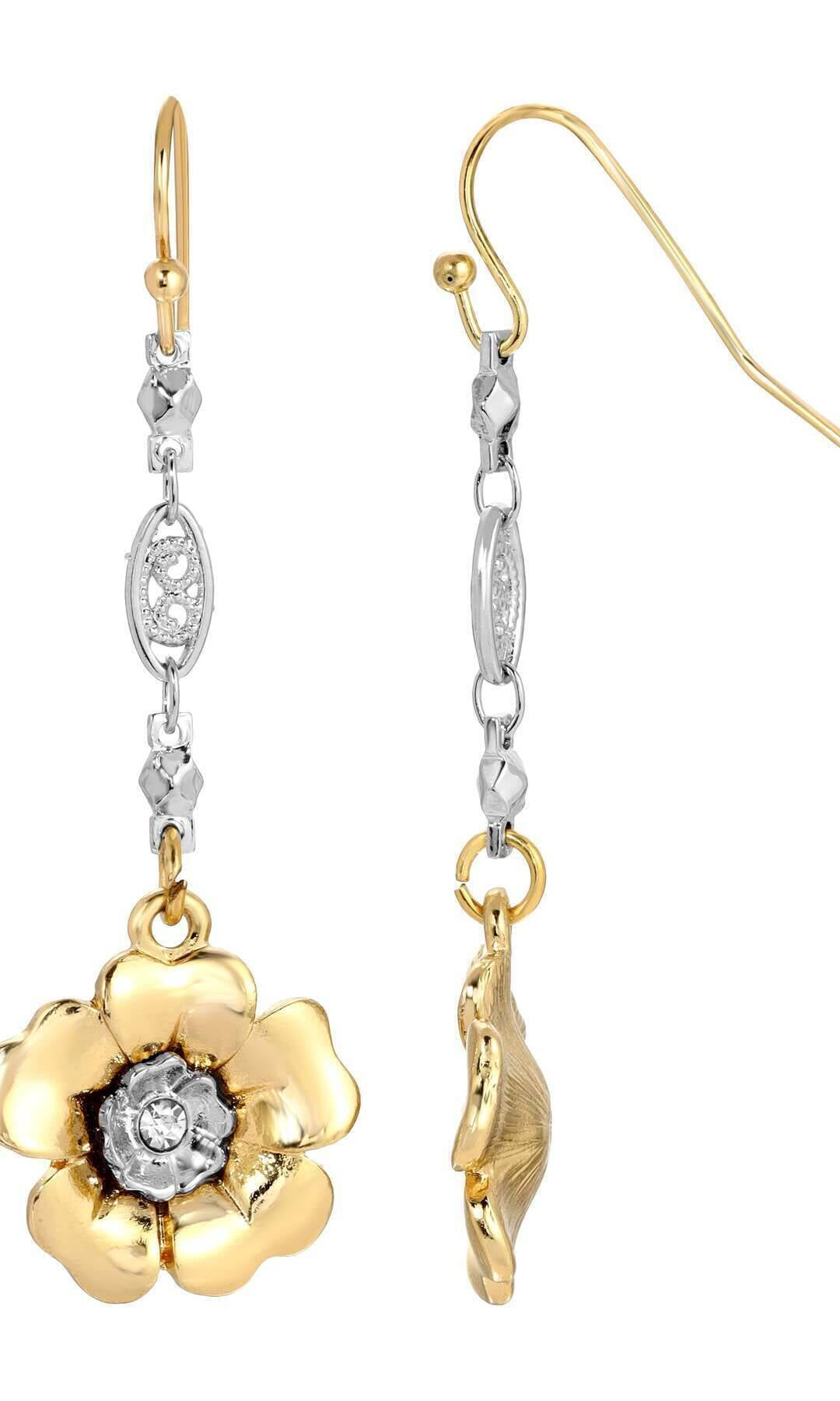 1928 Jewelry Two Tone Crystal Flower Filigree Link Dangling Earrings