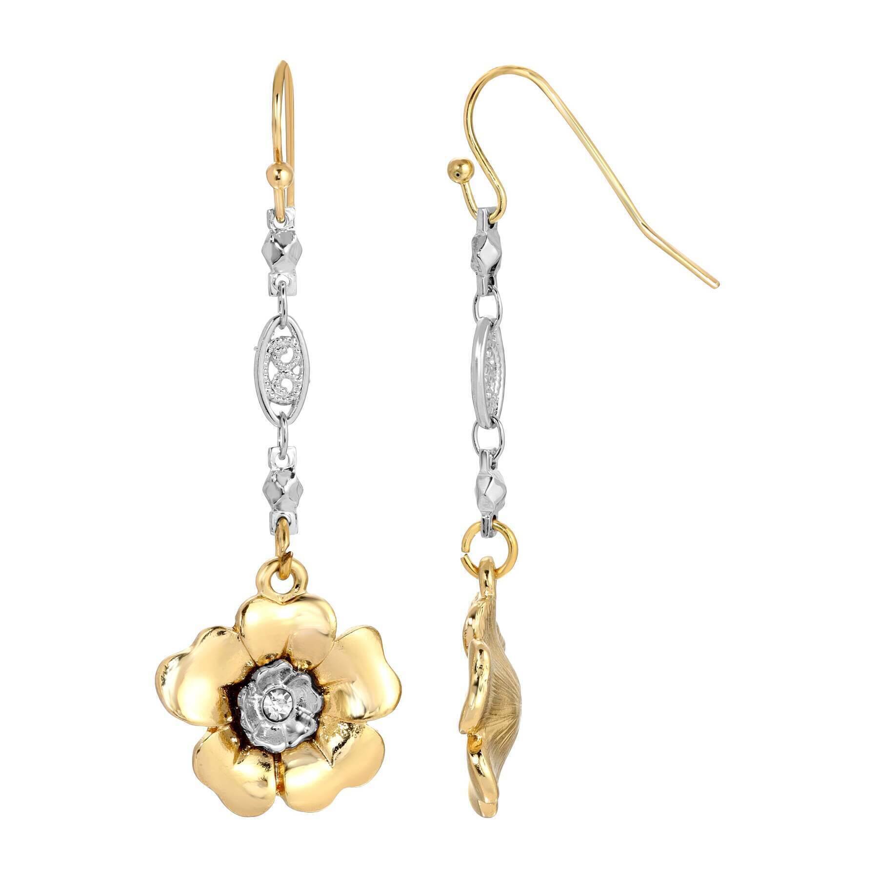 1928 Jewelry Two Tone Crystal Flower Filigree Link Dangling Earrings