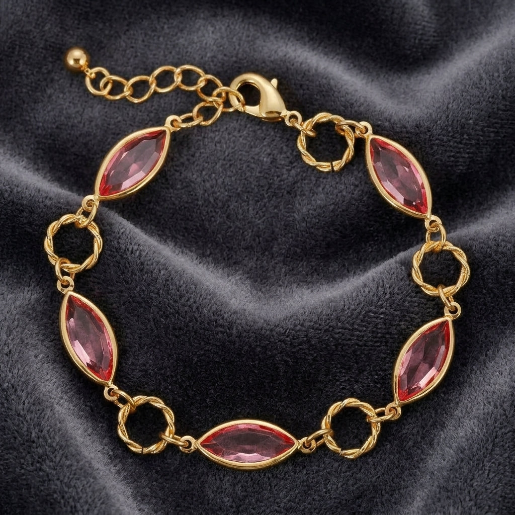 Light Rose Pink Austrian Crystal Round Link Bracelet on a dark fabric background