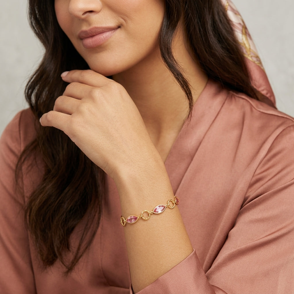 Woman wearing a Light Rose Pink Austrian Crystal Round Link Bracelet