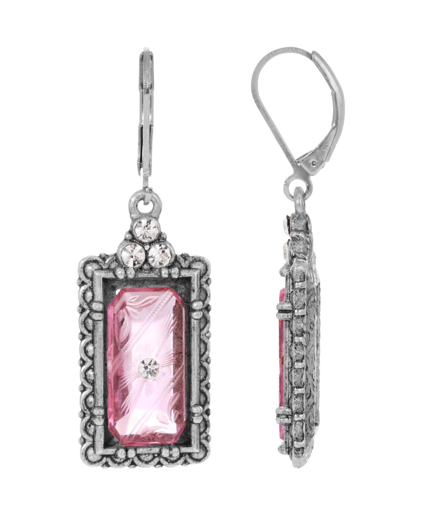 1928 Jewelry Romana Octagon Etched Glass & Crystal Drop Earrings