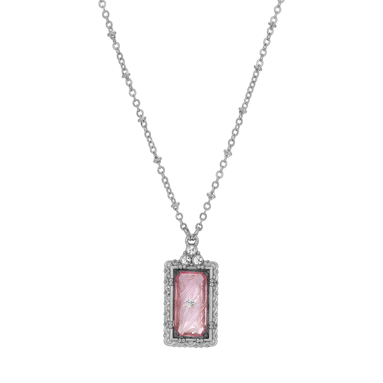 Silver Tone and Pink Romana Octagon Etched Glass & Crystal Pendant Necklace 18"