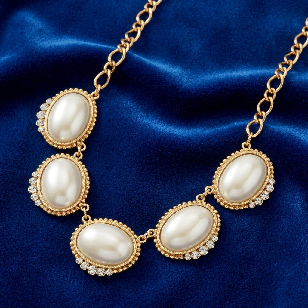 Kaia White Faux Pearl Crystal Drop Necklace on a blue fabric background