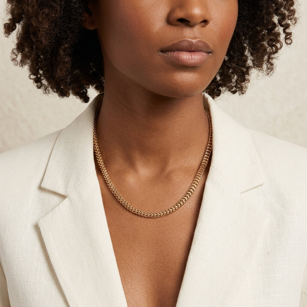 Woman in a white blazer wearing a Gold Double Curb Chain Necklace