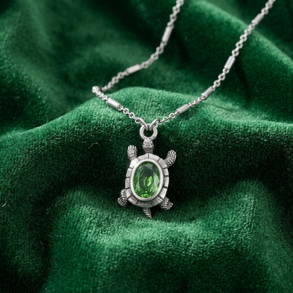 Green Crystal Turtle Pendant Necklace on green fabric