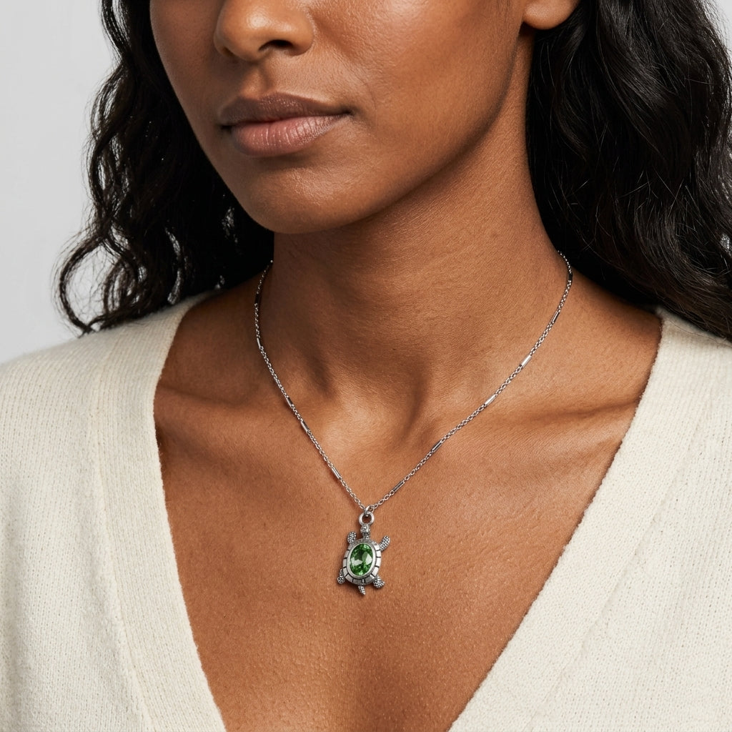 Woman wearing Green Crystal Turtle Pendant Necklace