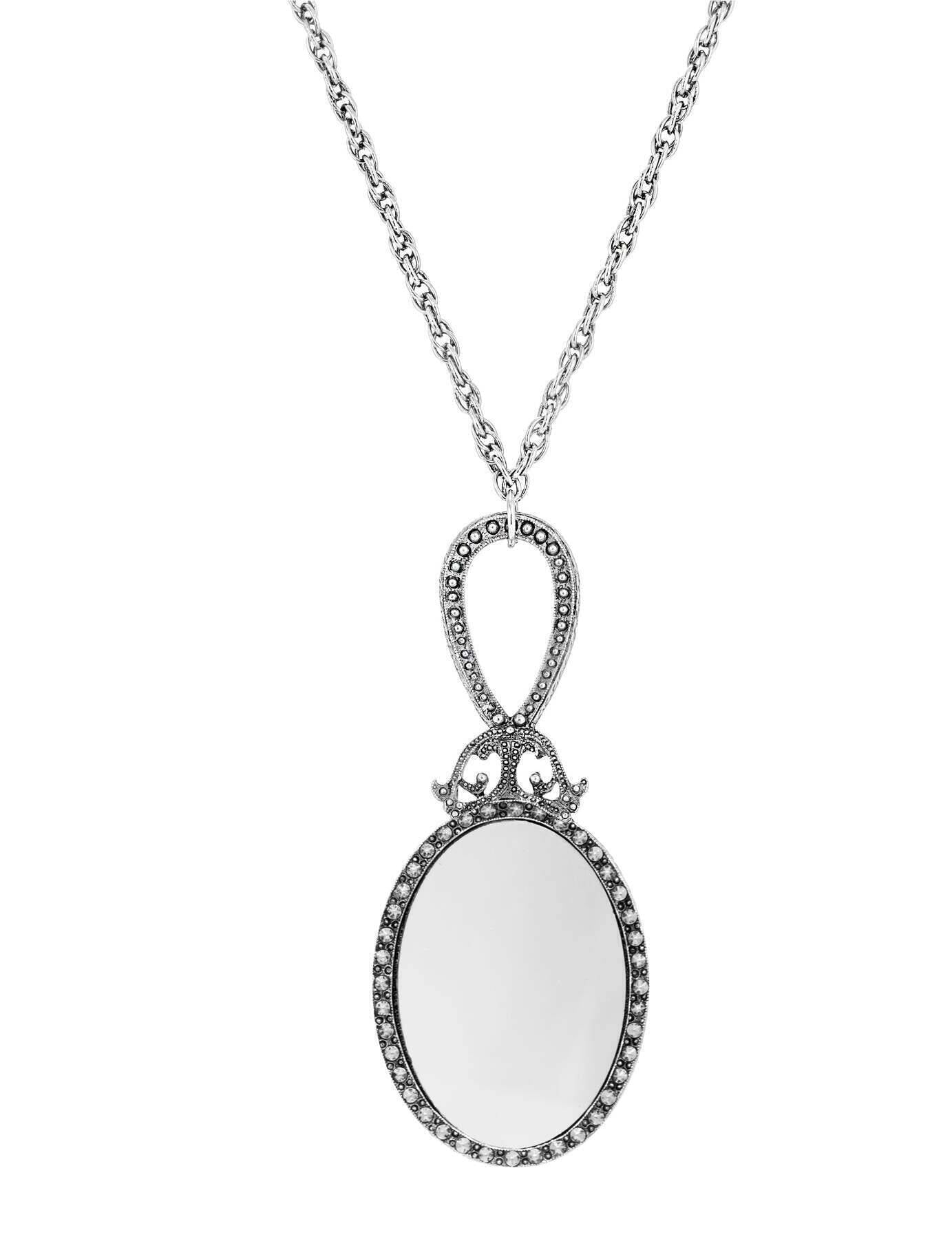 1928 Jewelry Deco Floral Blue Enamel Sapphire Crystal Mirror Pendant Necklace 30"