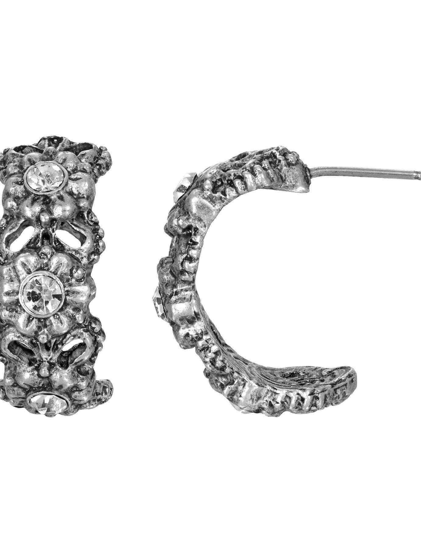 1928 Jewelry Antiqued Half Hoop Flower Crystal Earrings