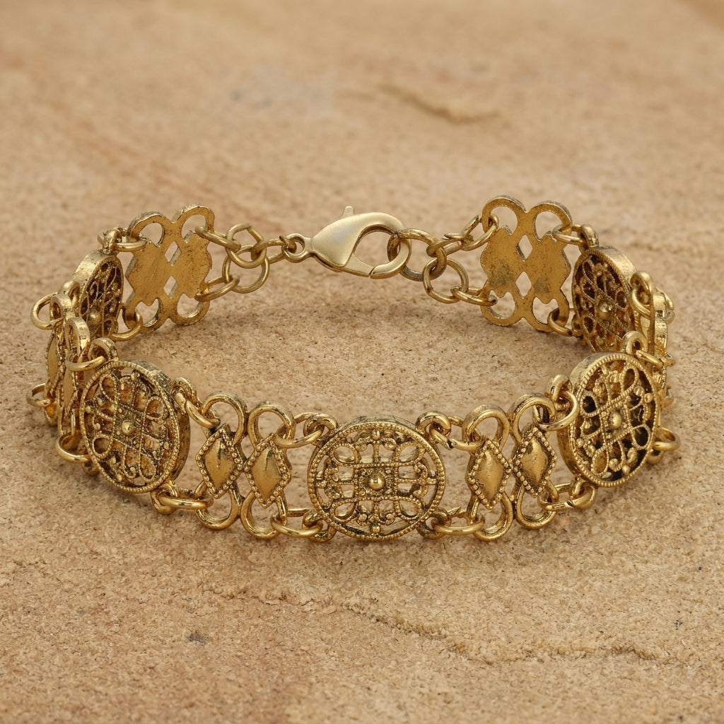 Meso Round Intricate Filigree Link Bracelet on a beige background