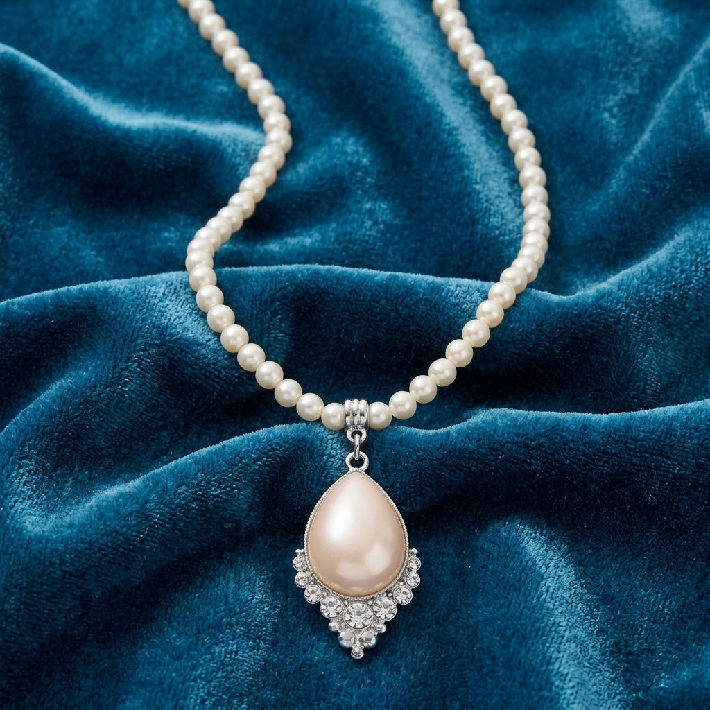 Pearl necklace with a teardrop pendant on a blue velvet background