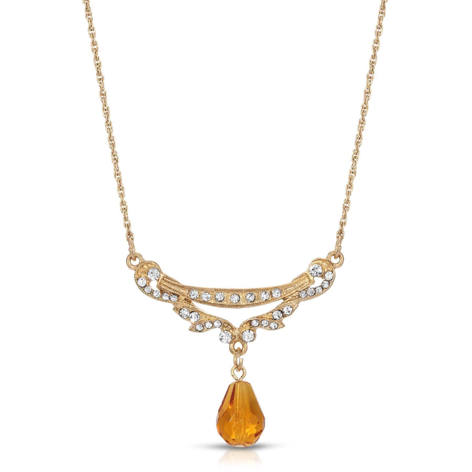 1928 Jewelry Cheshire Crystal Teardrop Collar Pendant Necklace 16" + 3" Extender