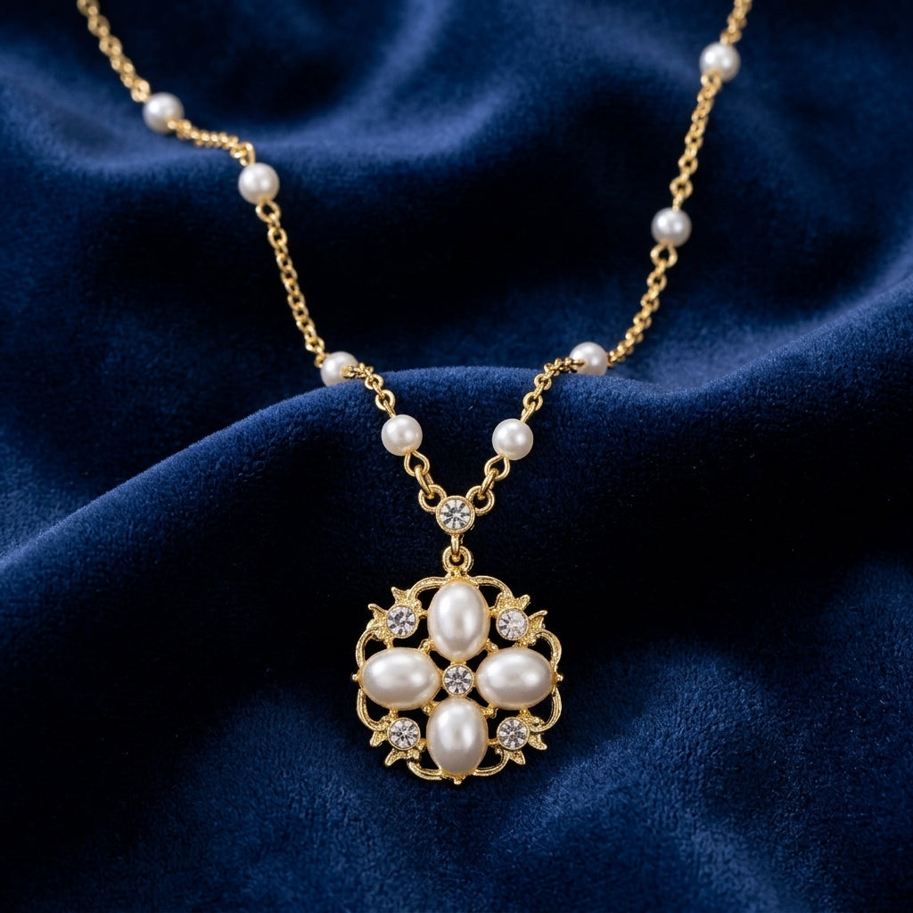 Pearl necklace with gold chain on a blue fabric background