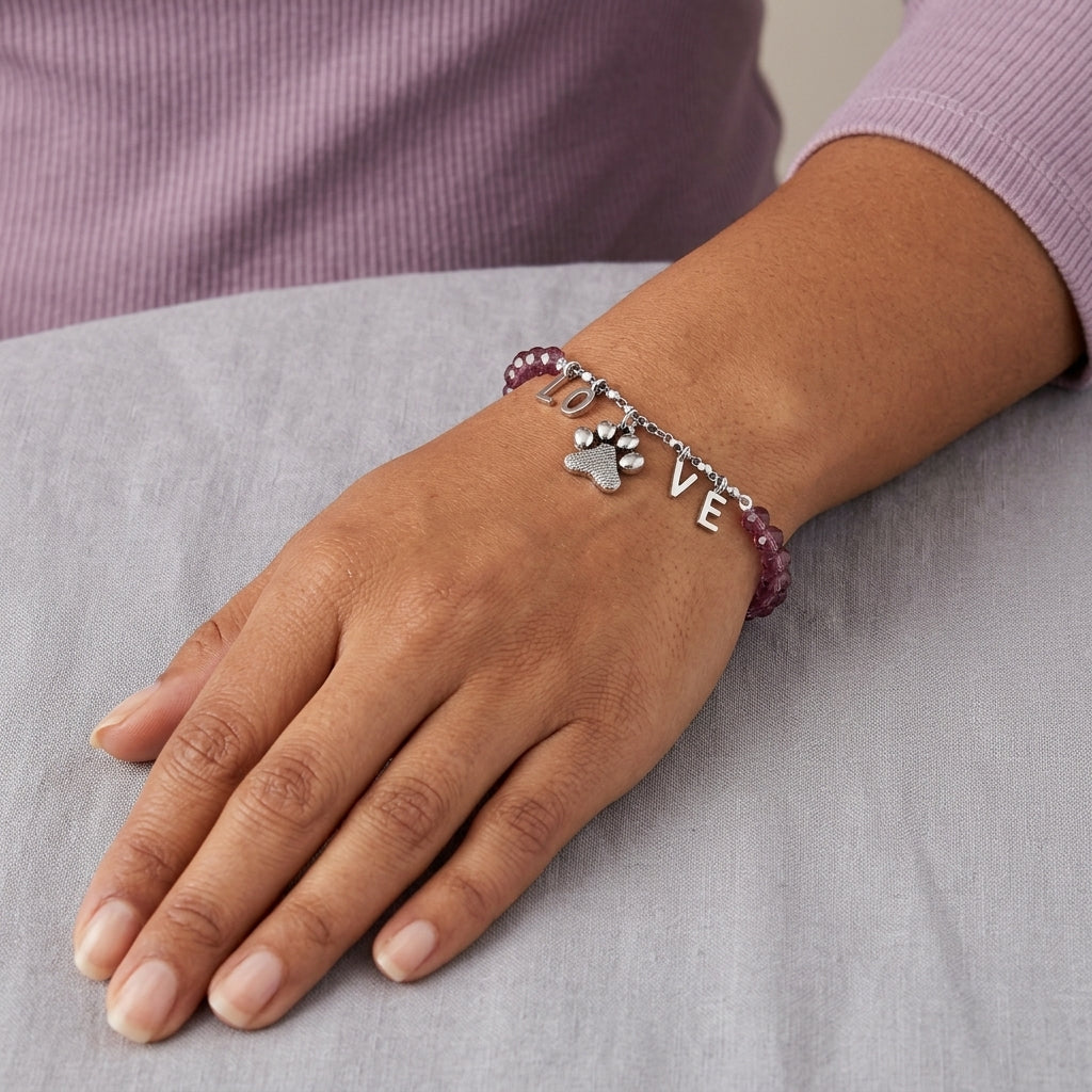 Hand wearing a bracelet with paw print charm and 'LOVE' letters on a gray surface.