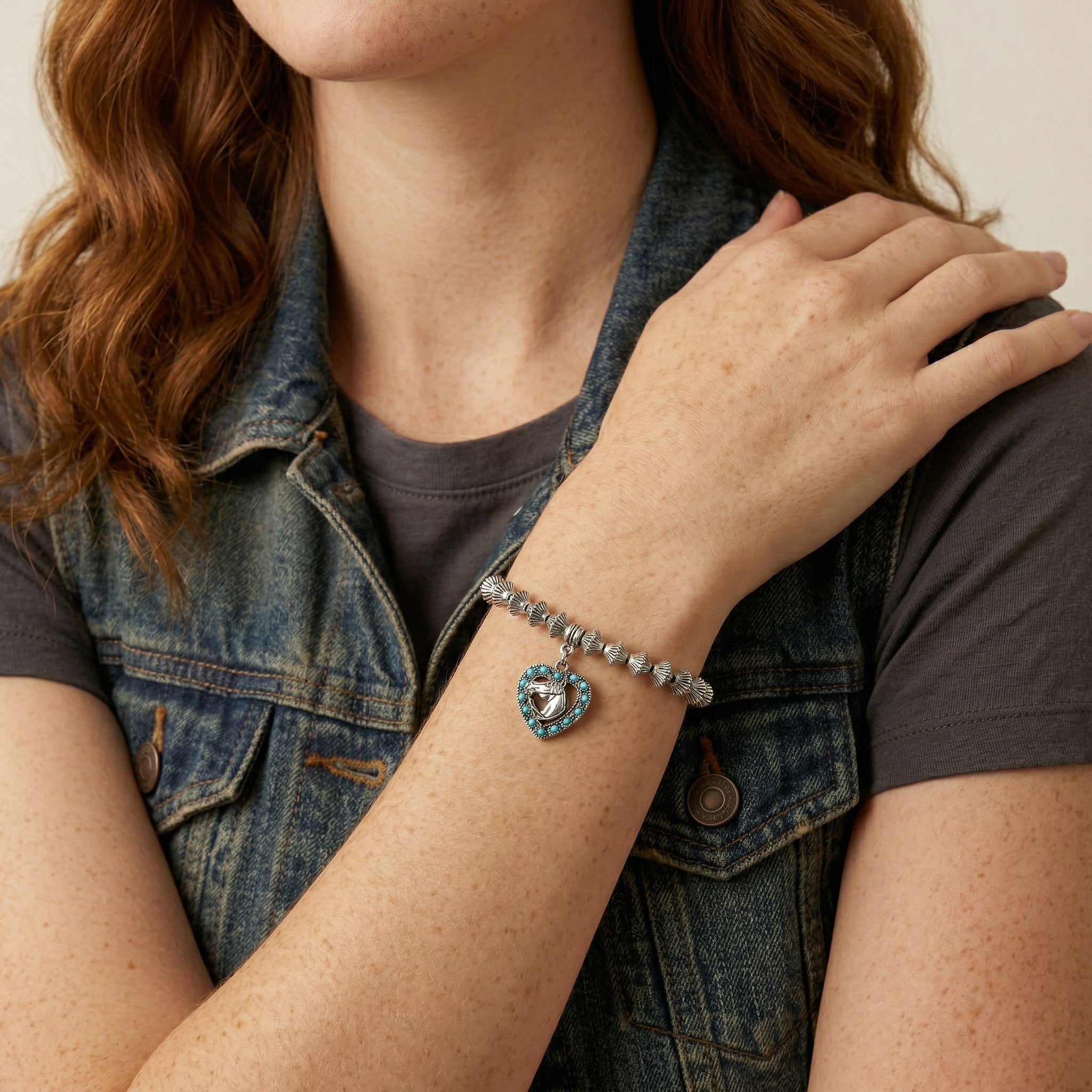 Person wearing a Heart Horse Head Turquoise Crystal Lantern Bead Stretch Bracelet