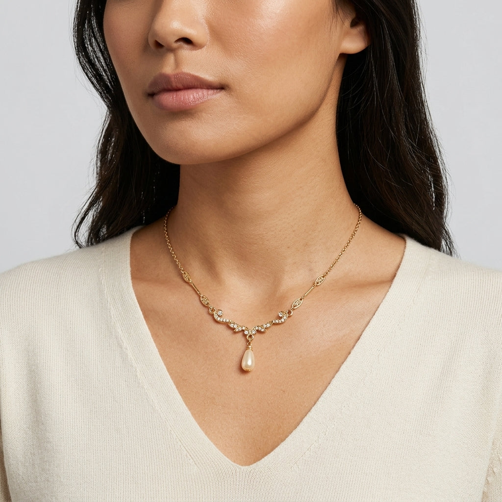 Edwardian Teardrop Faux Pearl Crystal Necklace 16" + 3" Extender worn by a woman in a white top