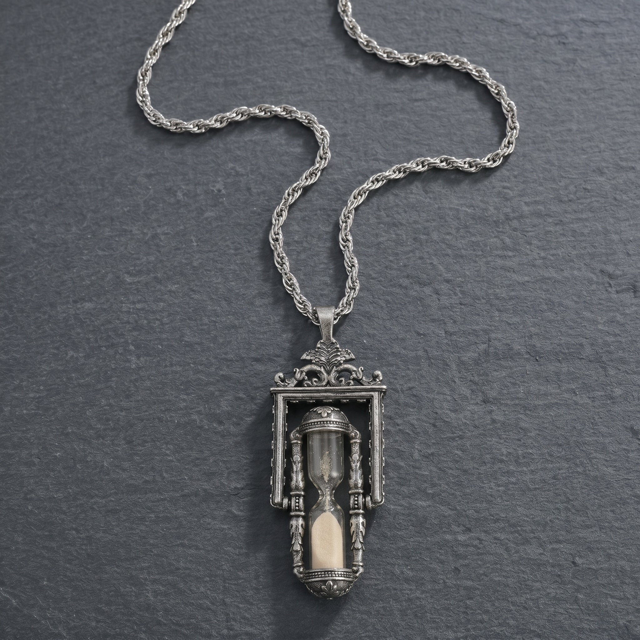 Pewter silver tone hourglass pendant with sand inside resting on a dark stone surface