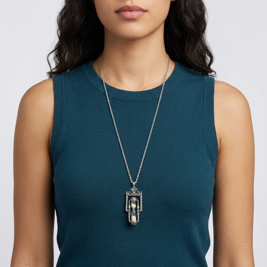 Woman wearing a silver tone pewter hourglass pendant necklace with functional sand inside