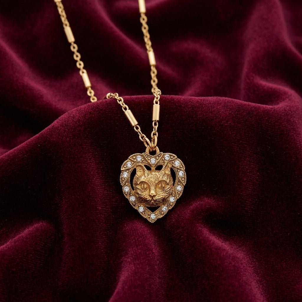 Gold tone necklace with a cat-shaped pendant and clear crystal accents on a burgundy fabric background