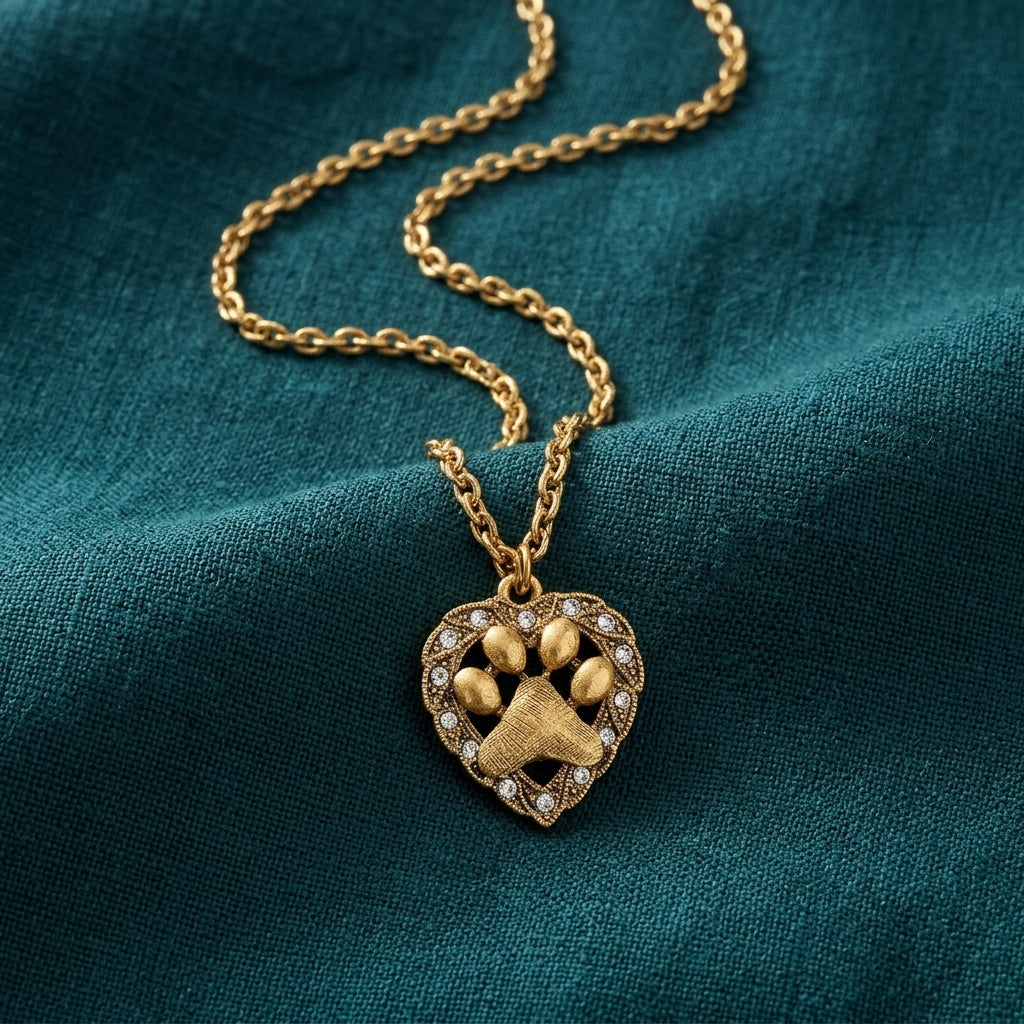 Heart And Paw Crystal Accent Pendant Necklace on a teal fabric background