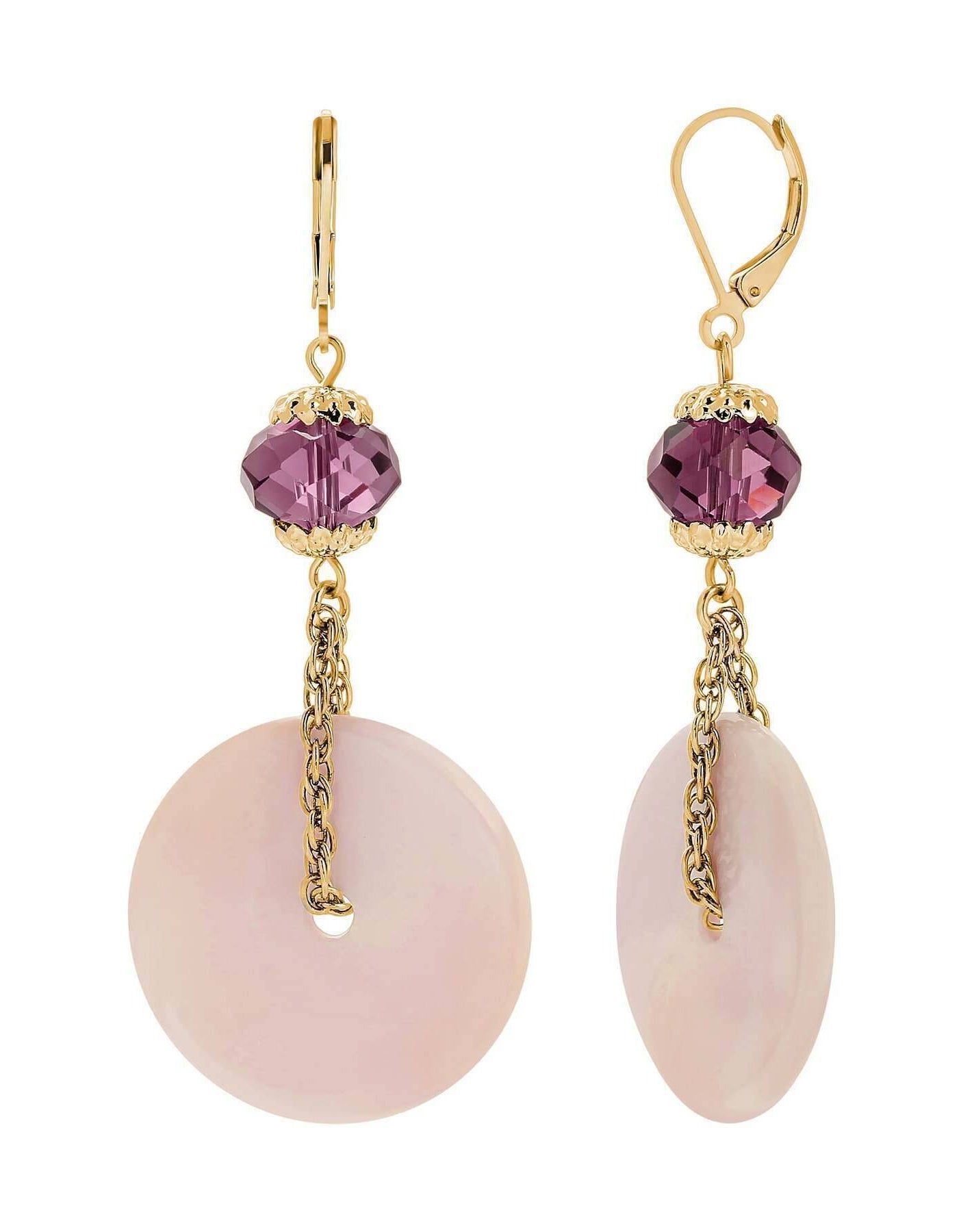 1928 Jewelry Pink Mother Of Pearl Amethyst Purple Glass Bead Drop Earrings