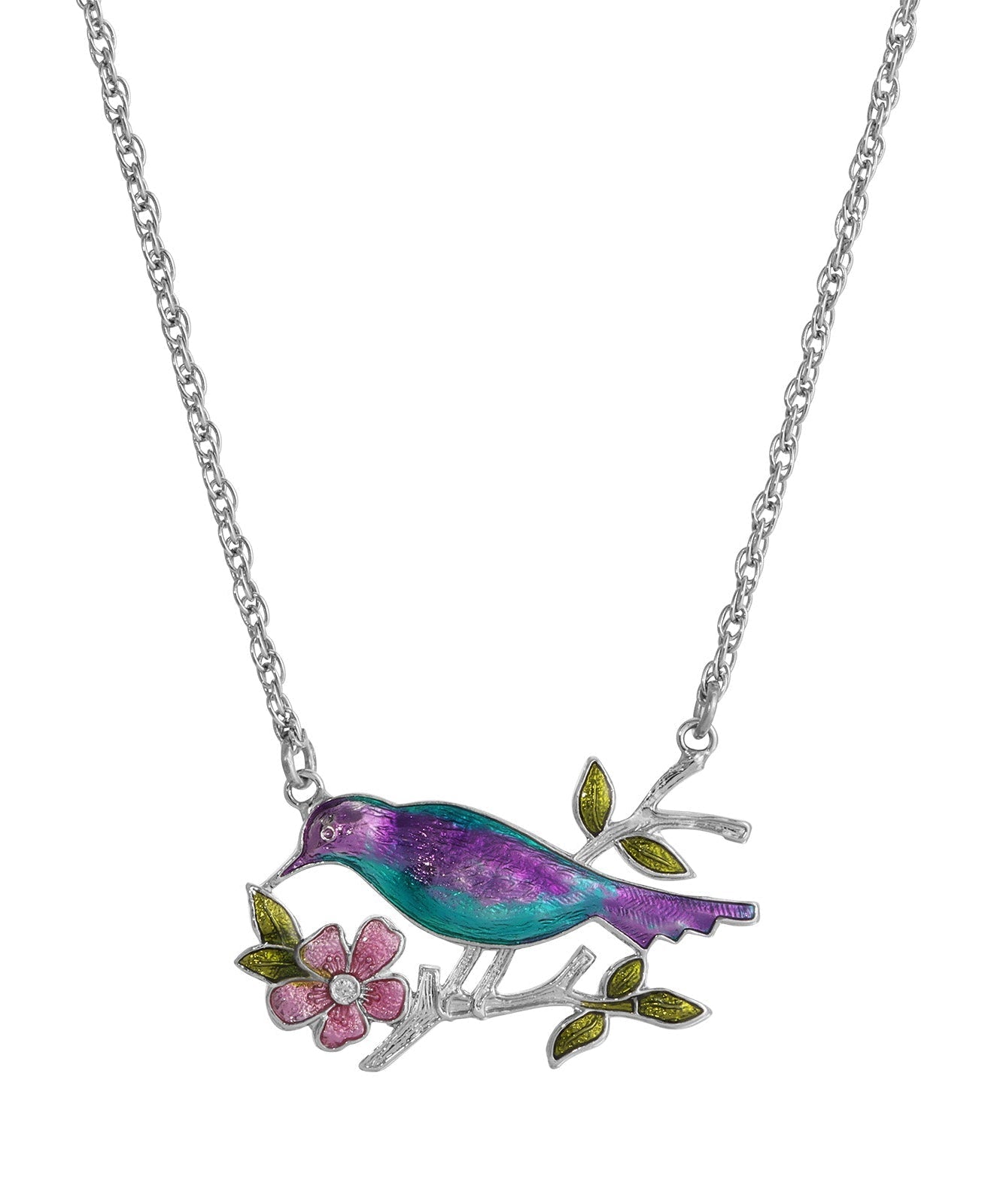 1928 Jewelry Enameled Perched Bird Pendant Necklace 18"