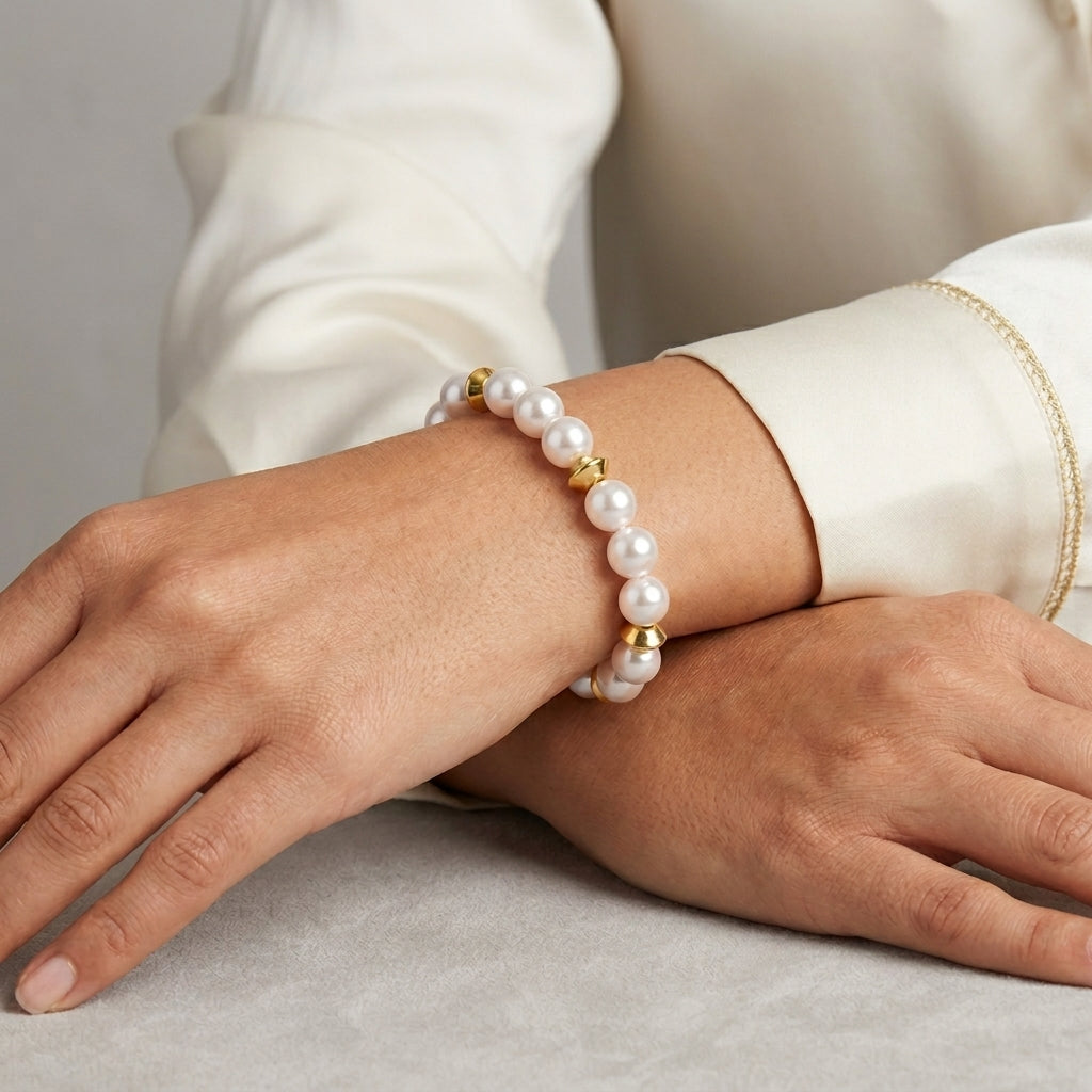 Woman's wrist wearing an Aurelia Glass Faux Pearl Stretch Bracelet