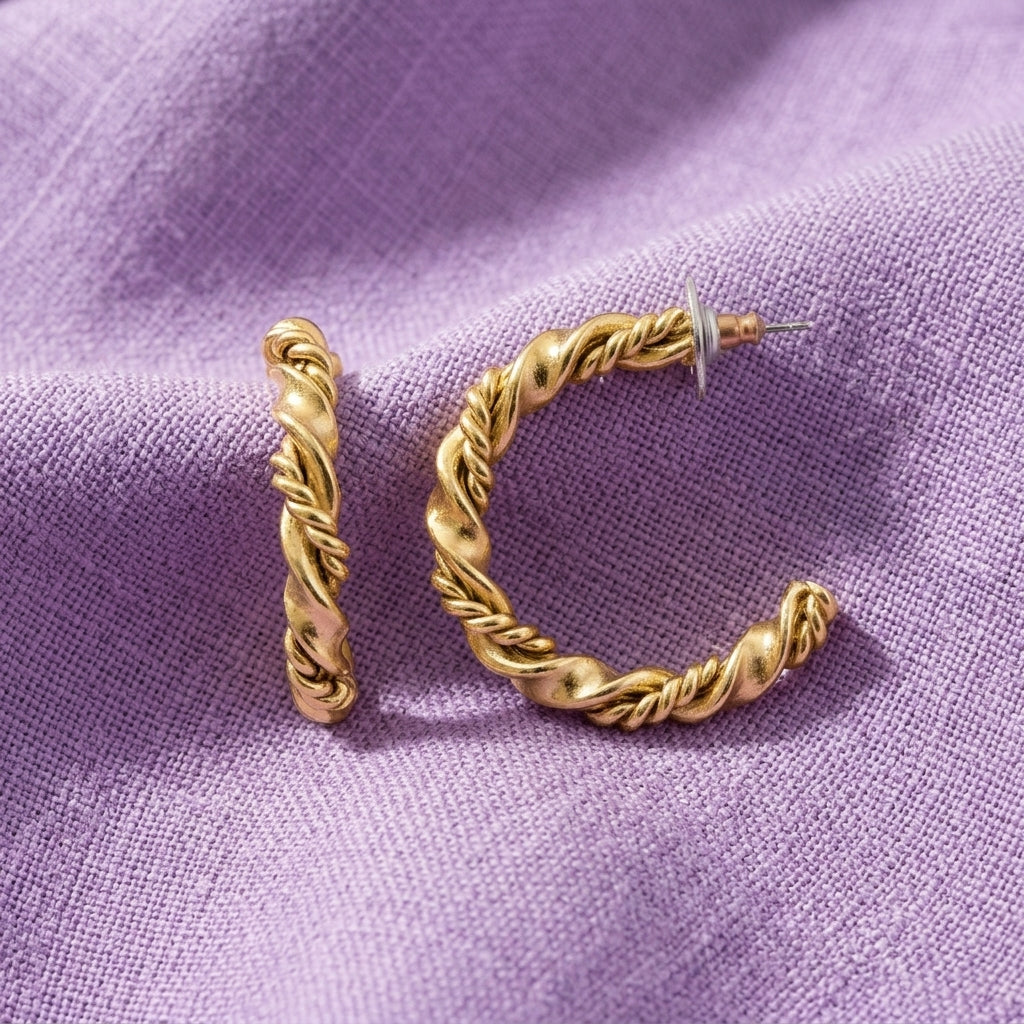 Gold tone Twisted Fancy Hoop Earrings on lilac purple linen