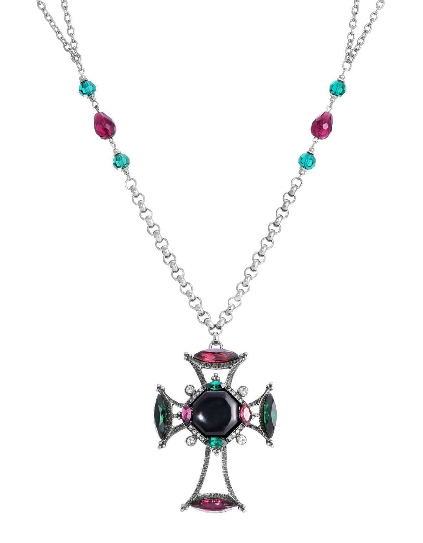 1928 Jewelry Monarch Emerald & Amethyst Crystal Black Octagon Stone Cross Pendant Necklace 30"