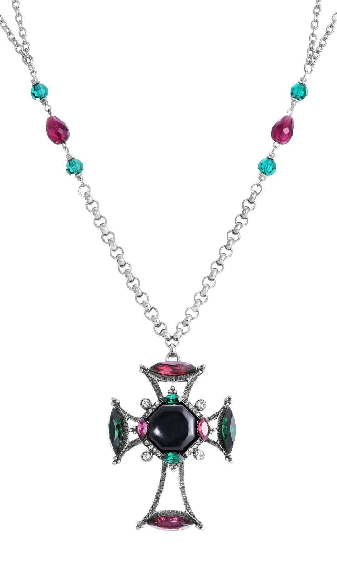 1928 Jewelry Monarch Emerald & Amethyst Crystal Black Octagon Stone Cross Pendant Necklace 30"