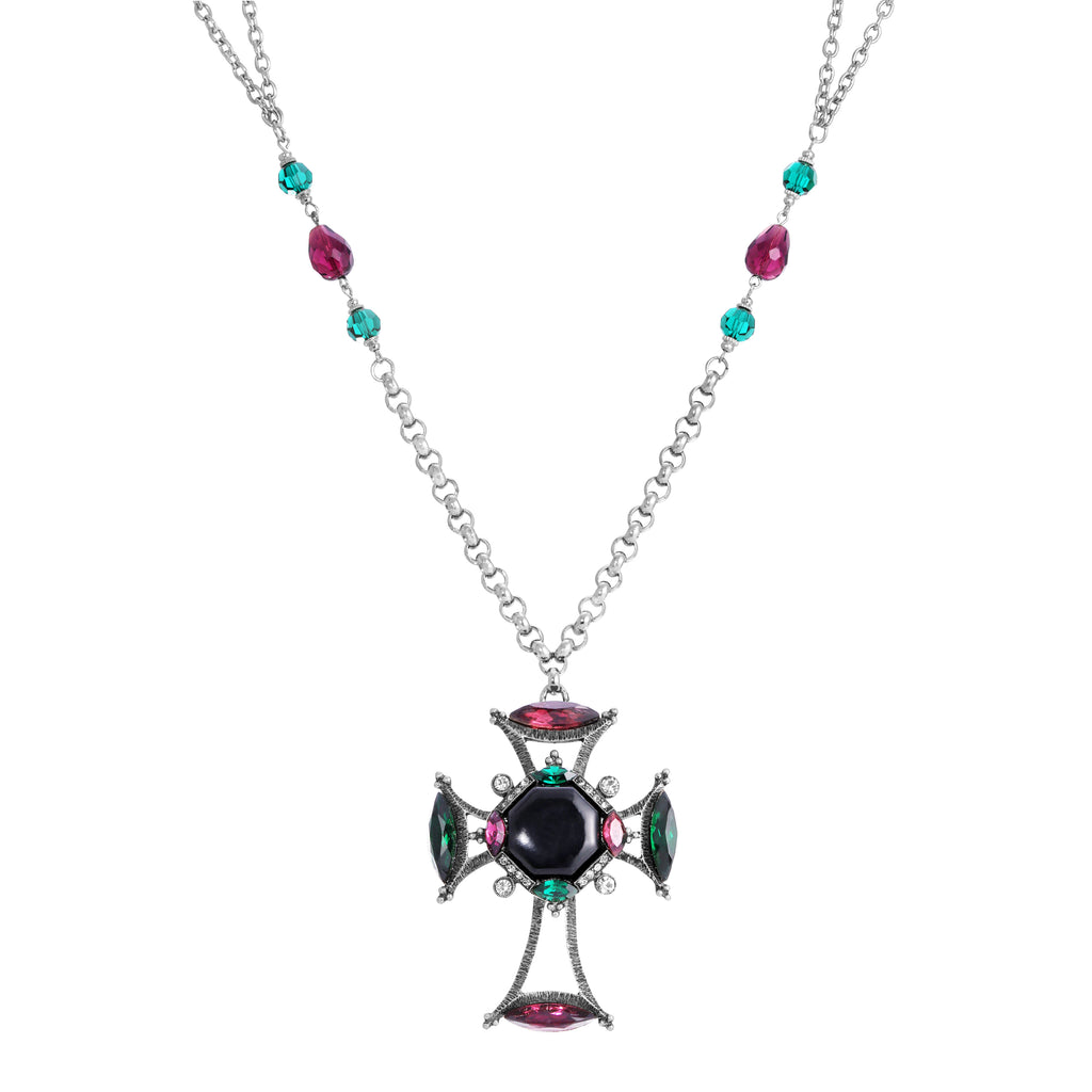 1928 Jewelry Monarch Emerald & Amethyst Crystal Black Octagon Stone Cross Pendant Necklace 30"