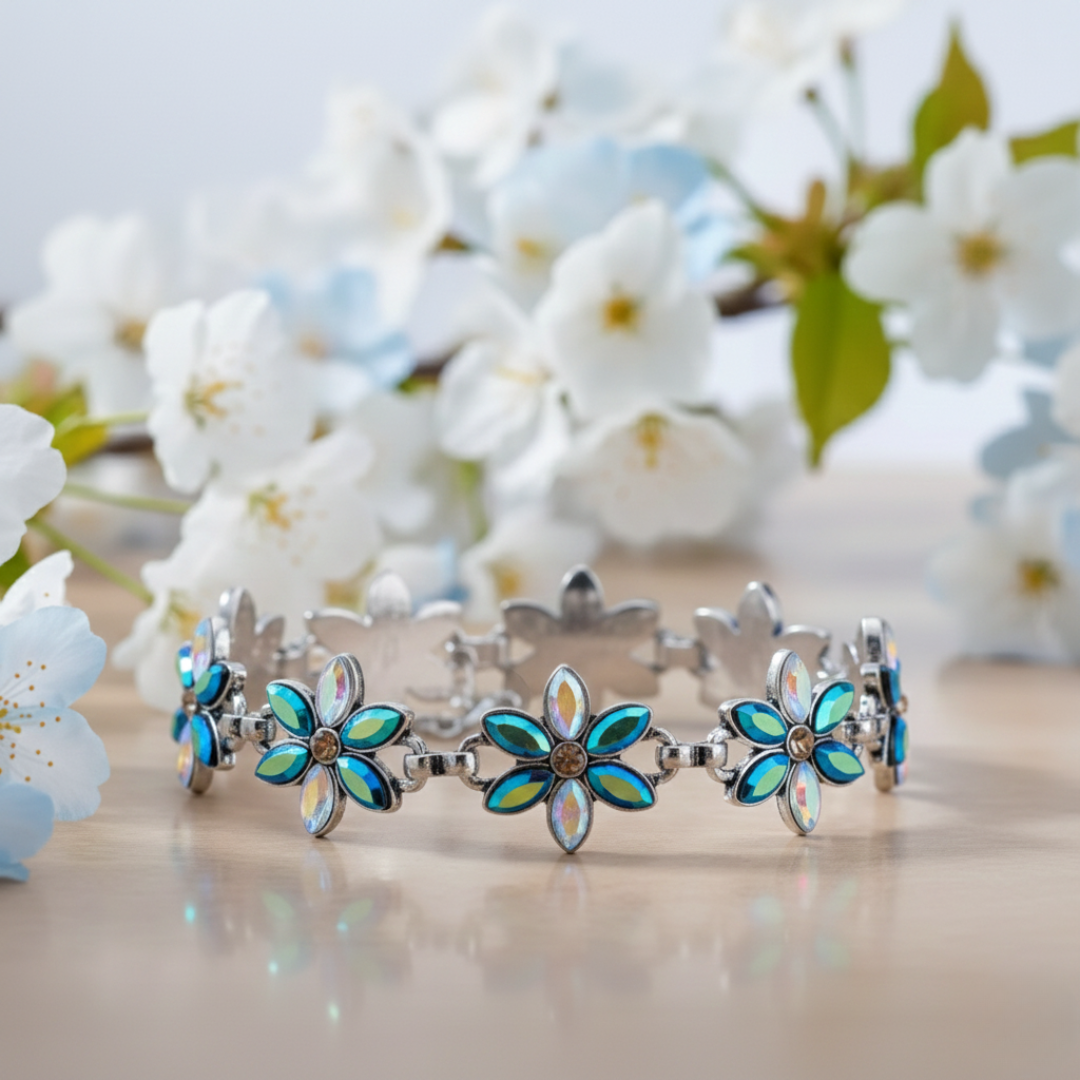 Silver bracelet with flower-shaped charms on a wooden surface with cherry blossoms in the background