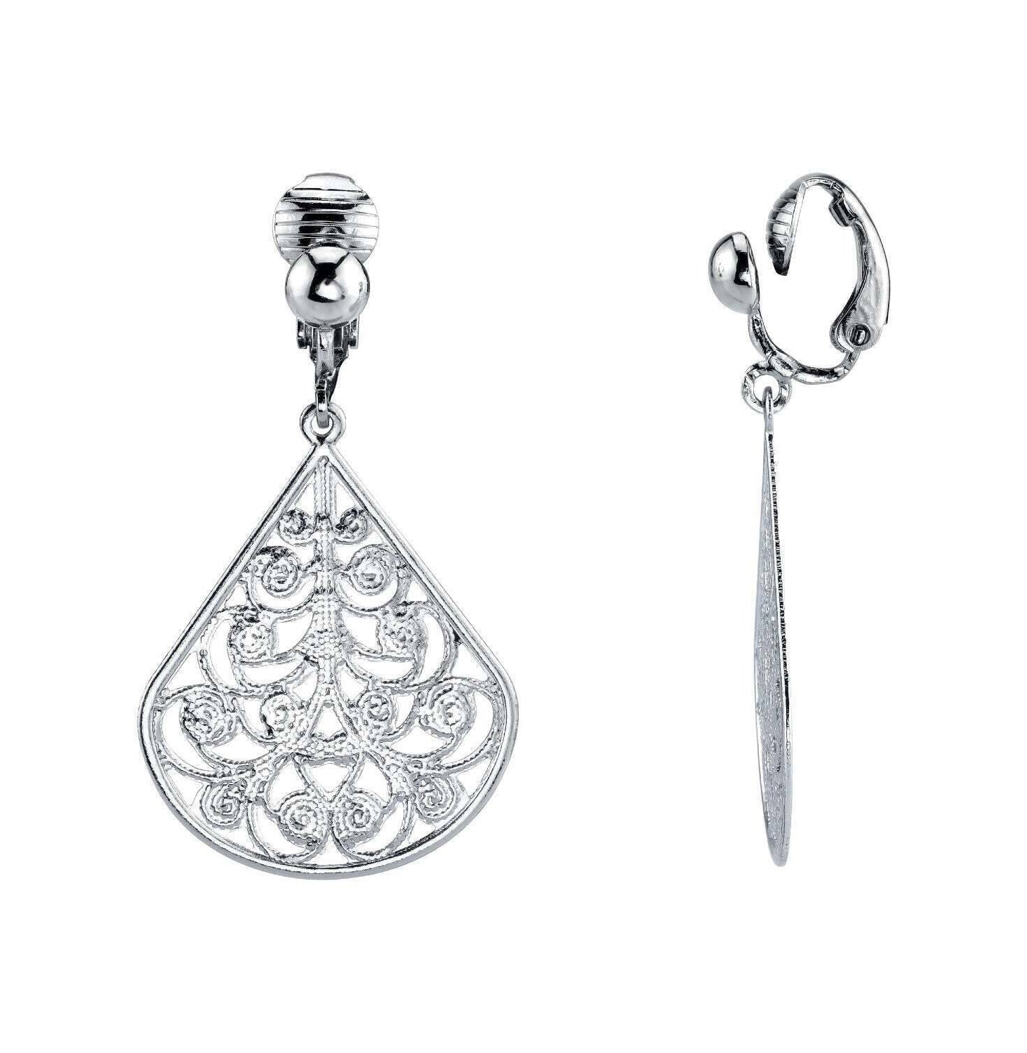1928 Jewelry Filigree Teardrop Clip On Earrings