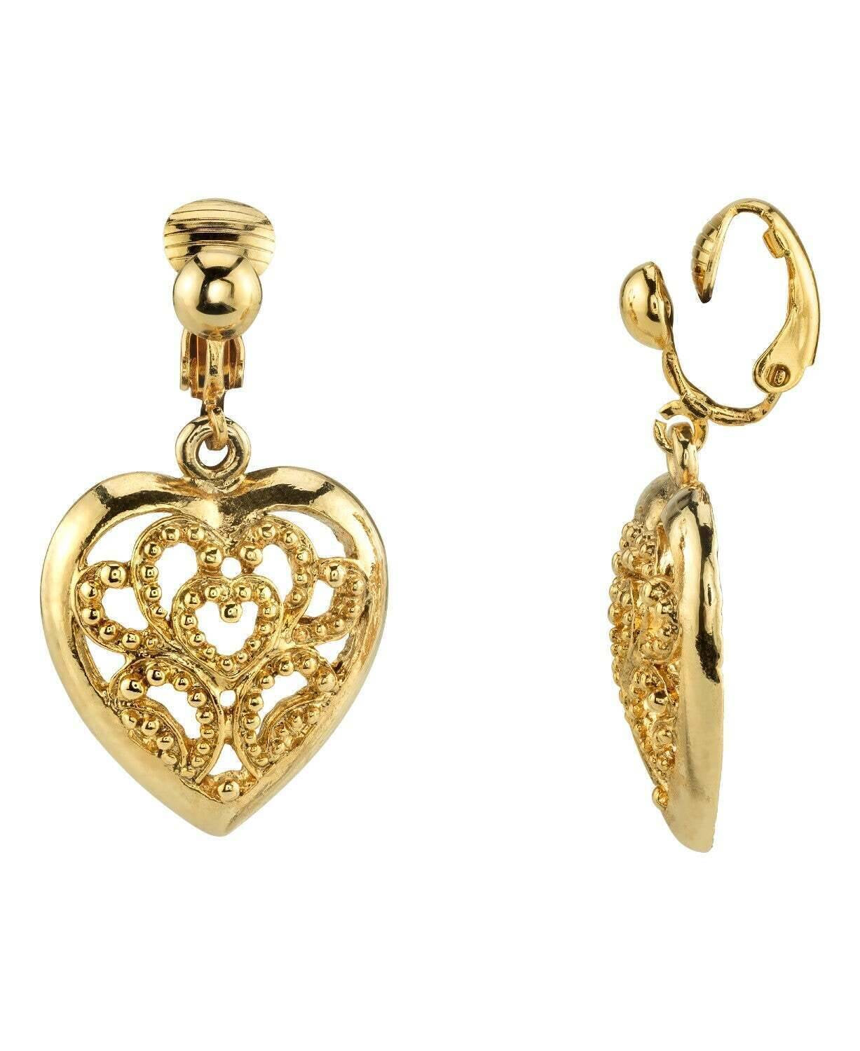 1928 Jewelry Filigree Heart Clip On Drop Earrings