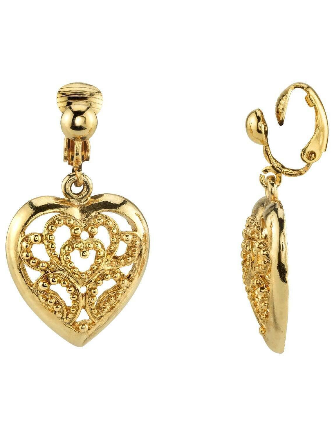 1928 Jewelry Filigree Heart Clip On Drop Earrings
