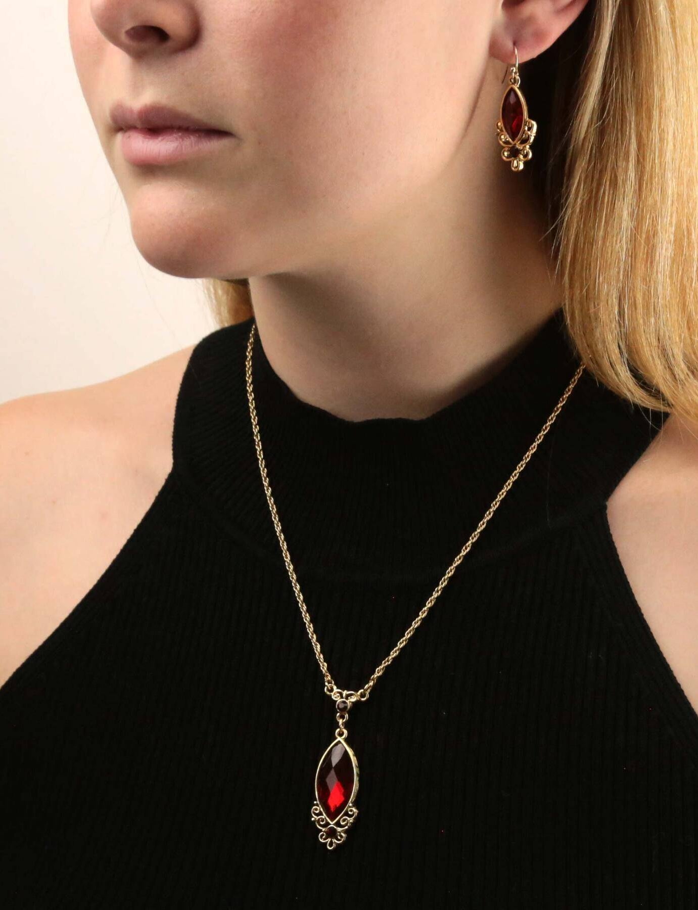 1928 Jewelry Alluring Siam Red Filigree Pendant Necklace 16" + 3" Extender