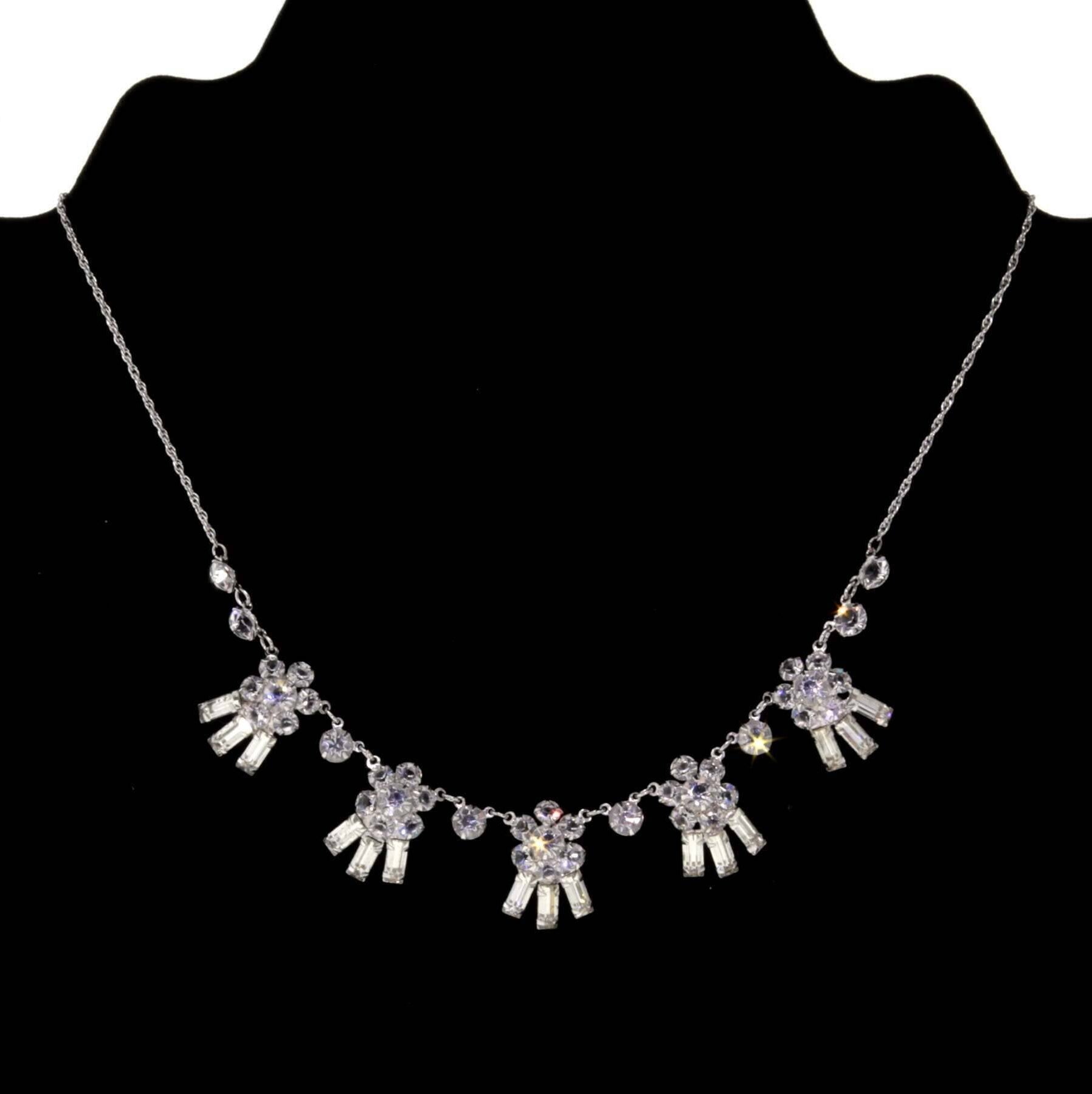 1928 Jewelry Austrian Crystal Flowers & Baguette Drops Necklace 15"