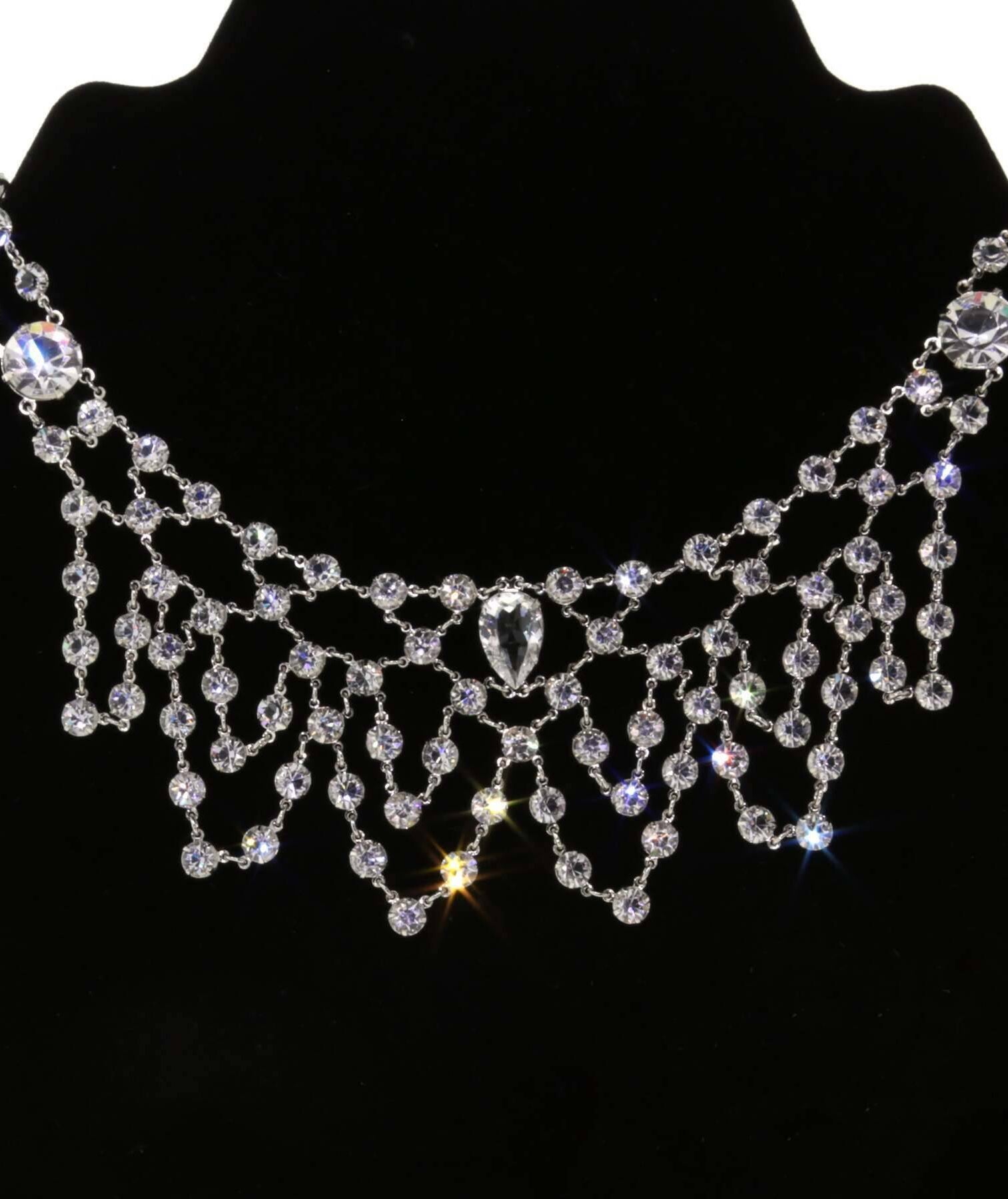 1928 Jewelry Deco Gala Austrian Crystal Bib Necklace 13" + 3" Extension