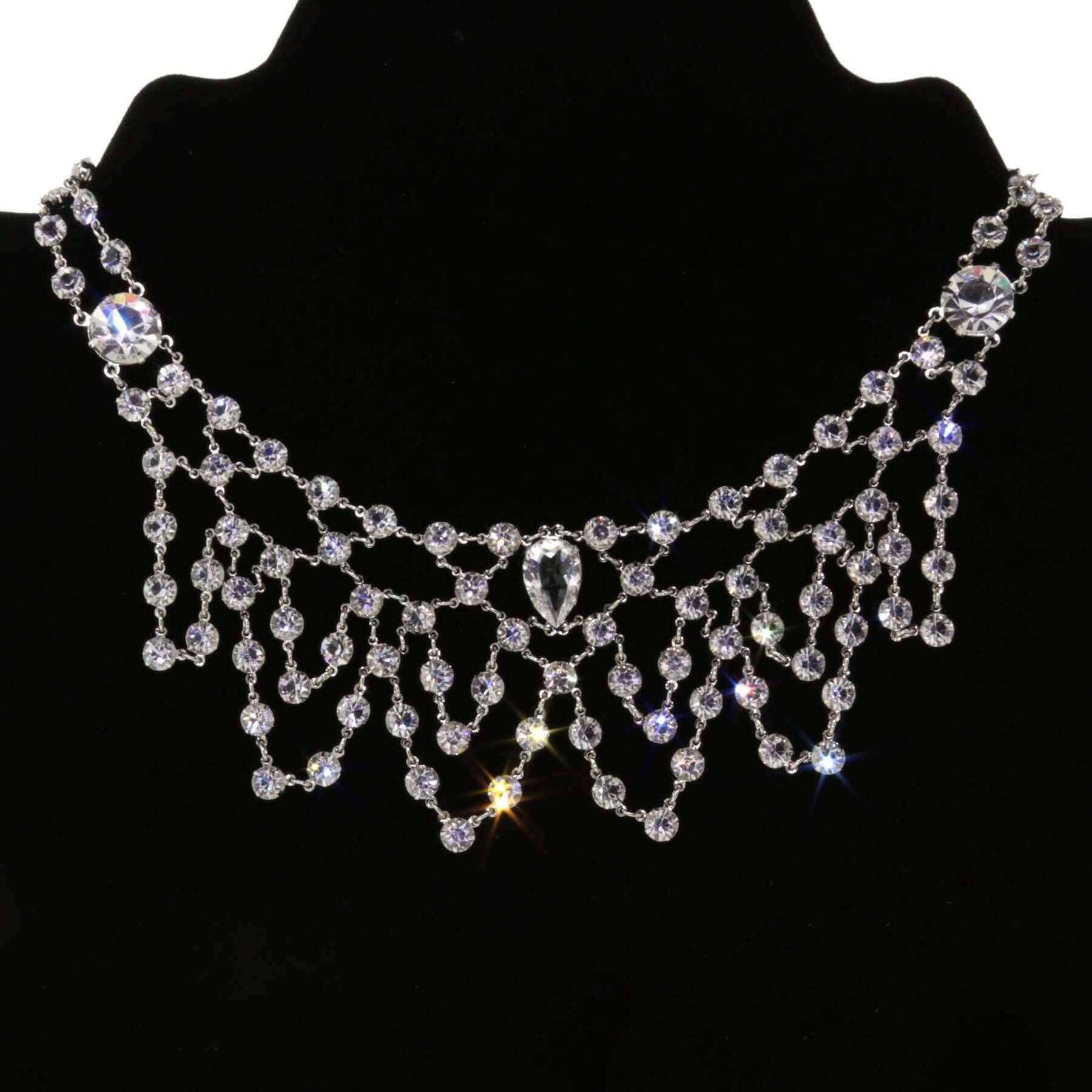 1928 Jewelry Deco Gala Austrian Crystal Bib Necklace 13" + 3" Extension